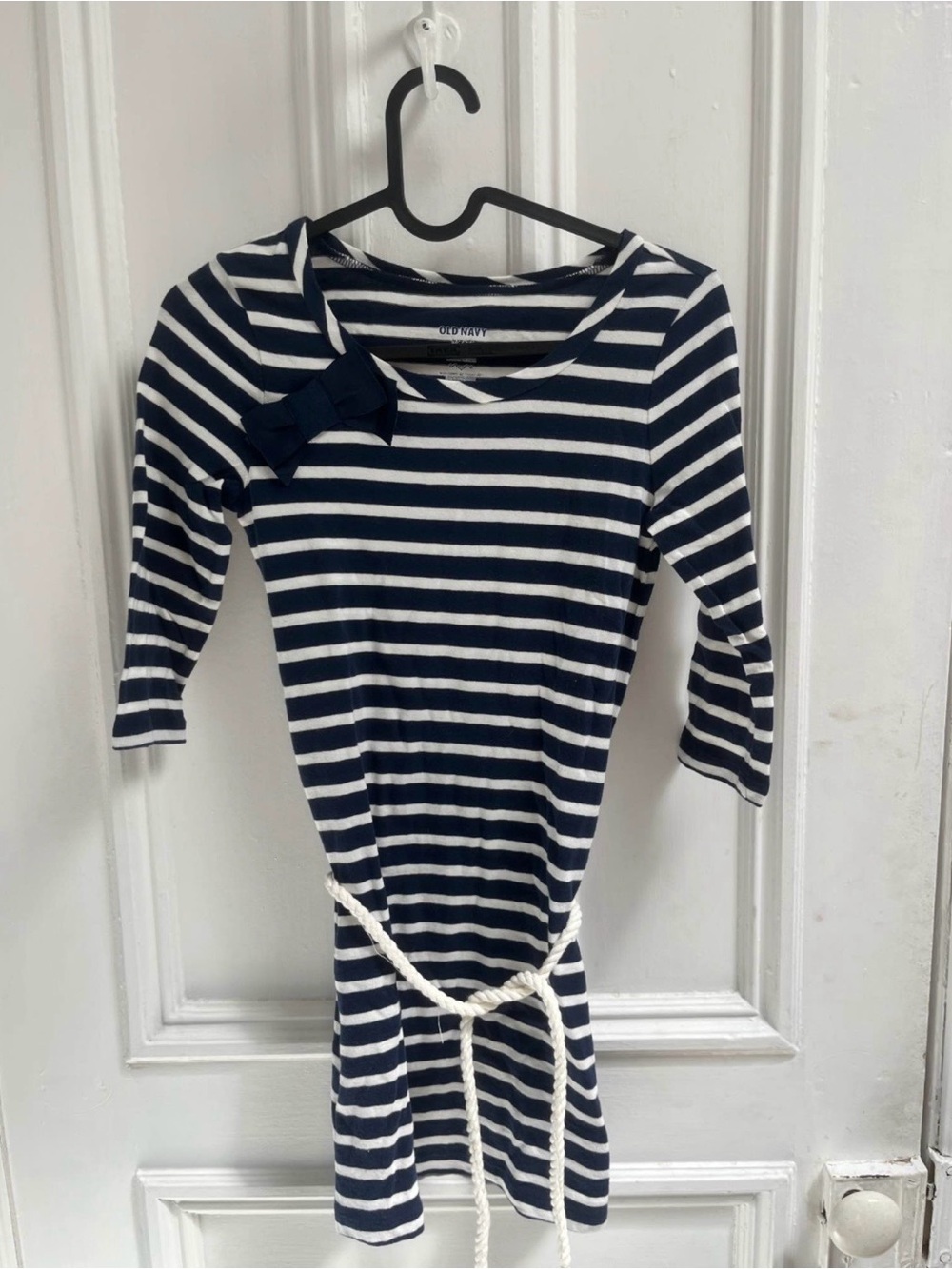Old Navy Navy and White Striped Midi Dress with Shoulder Bow